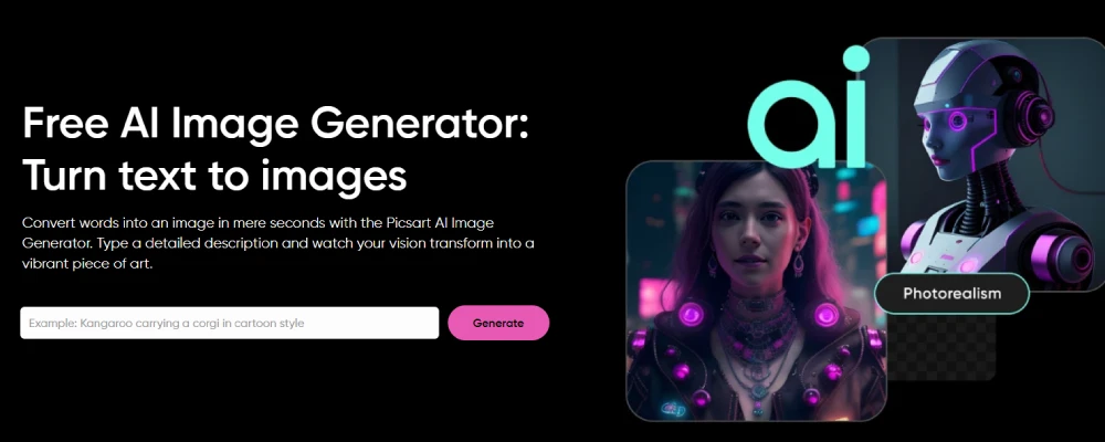 Screenshot of the PicsArt homepage showcasing the main editing features and user interface.
