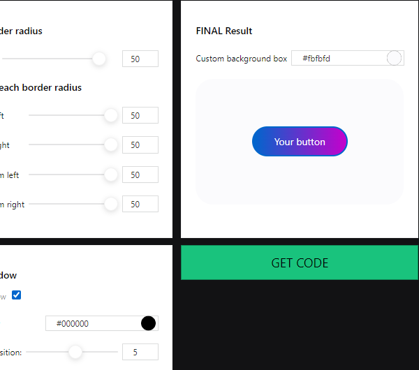 Screenshot of CSS Button Generator interface showing customization options for button style including color, border, and padding settings.