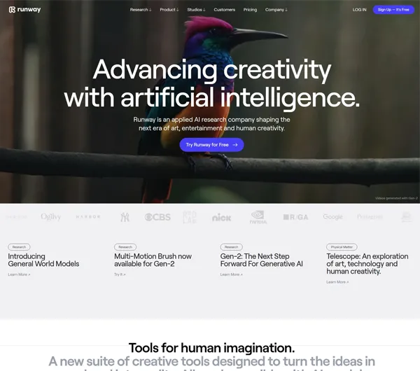 Image showcasing various AI-powered tools by RunwayML, enhancing creative projects for artists and filmmakers.